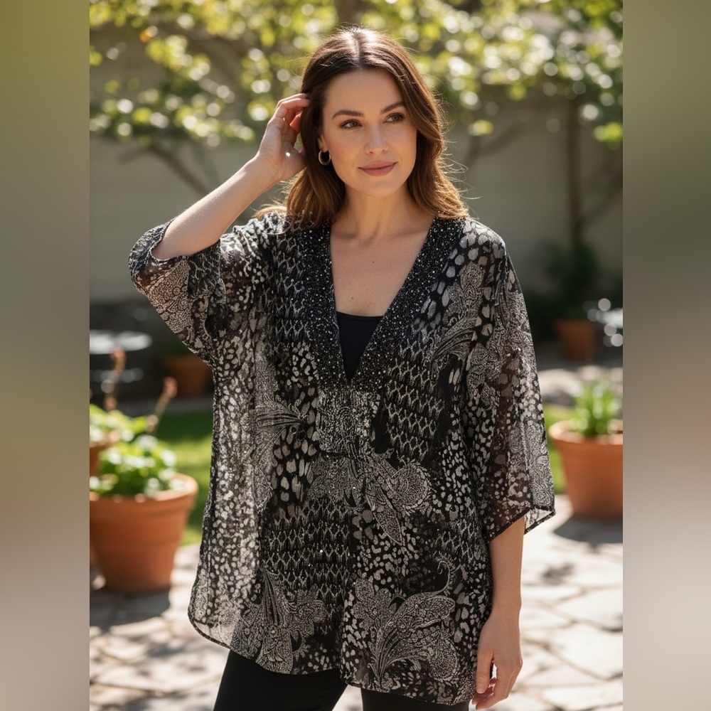 Raviya Boho Beaded Tunic Top Size M Black White Tropical Print